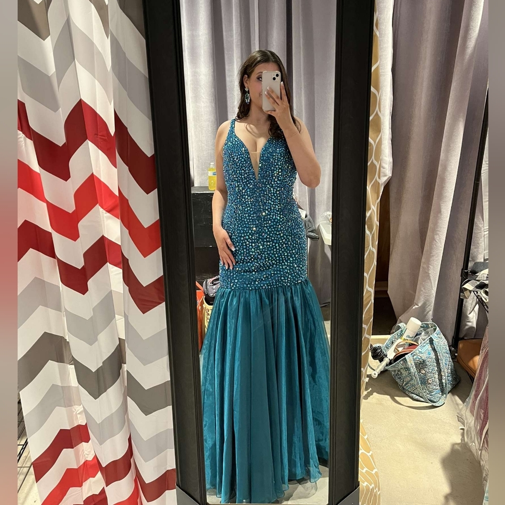 Sherri Hill beaded turquoise green pageant gown